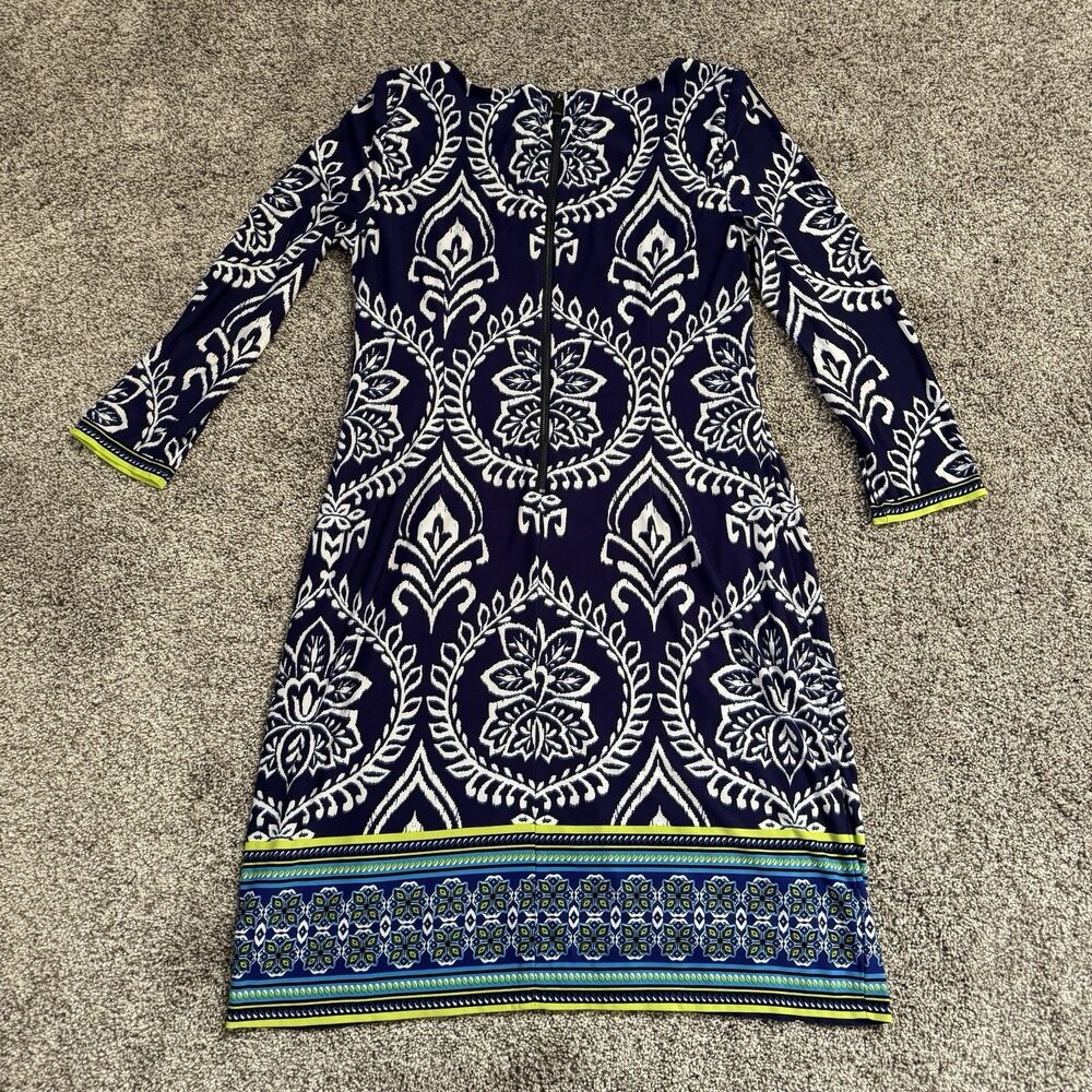 Vince Camuto Blue Neon Paisley Floral Shift Dress 3/4 Sleeve Women’s Size 8 - Picture 4 of 10